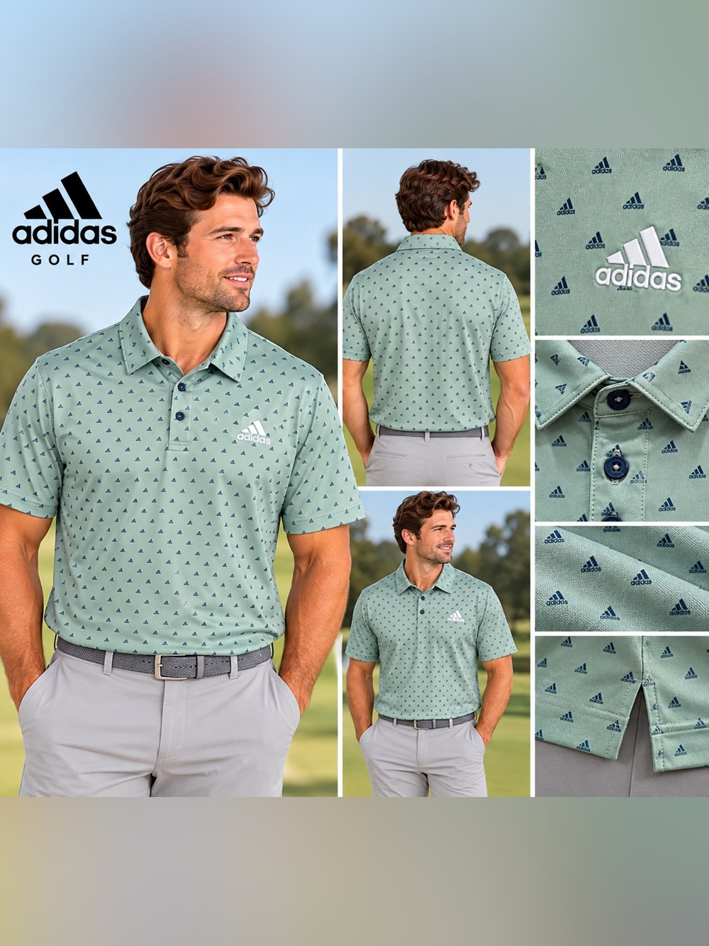Adidas Golf Men’s XL Green Patterned Polo Shirt Performance Athletic